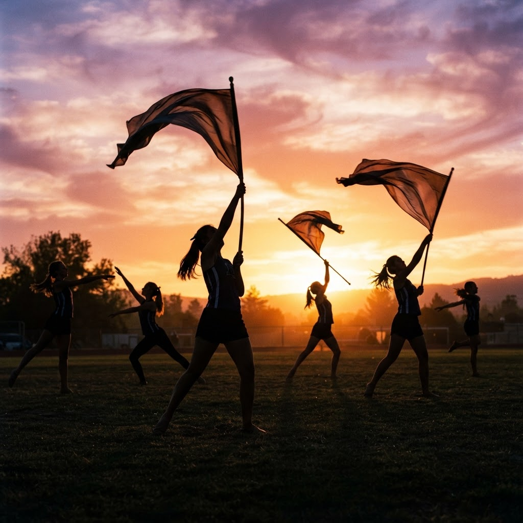 Silhouettes of a dance drill team waving flags against a purple and orange sunset