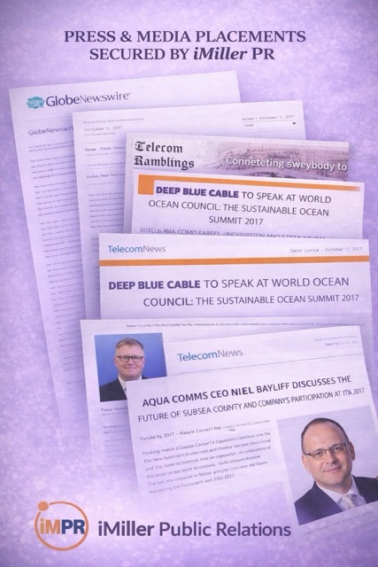 iMiller PR press and media placements featuring Deep Blue Cable and Aqua Comms coverage in GlobeNewswire, Telecom Ramblings, and TelecomNews