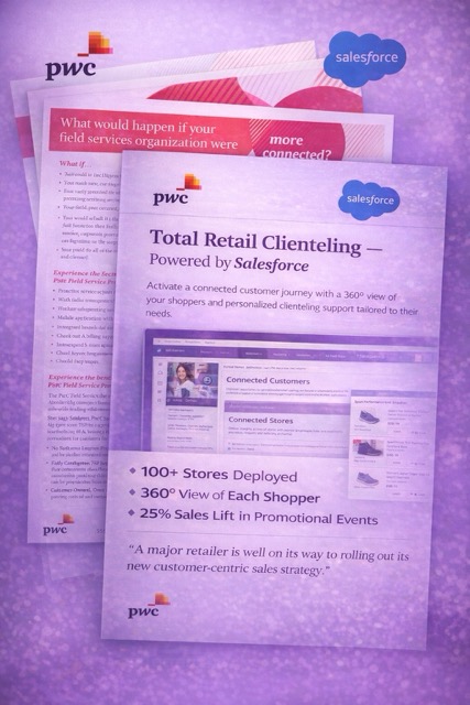 PwC and Salesforce Total Retail Clienteling case studies showcasing 100+ stores deployed, 360-degree customer views, and 25% sales lift in promotional events