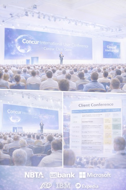 Concur International User Conference showcasing keynote stage, large audience, client conference agenda, and enterprise partners including NBTA, US Bank, Microsoft, ADP, IBM, and Expedia